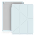 Acrylic Y folding imitation leather iPad case in dark grey, shown in both closed and standing bracket positions.