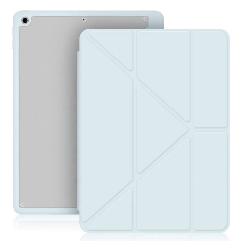 Acrylic Y folding imitation leather iPad case in dark grey, shown in both closed and standing bracket positions.