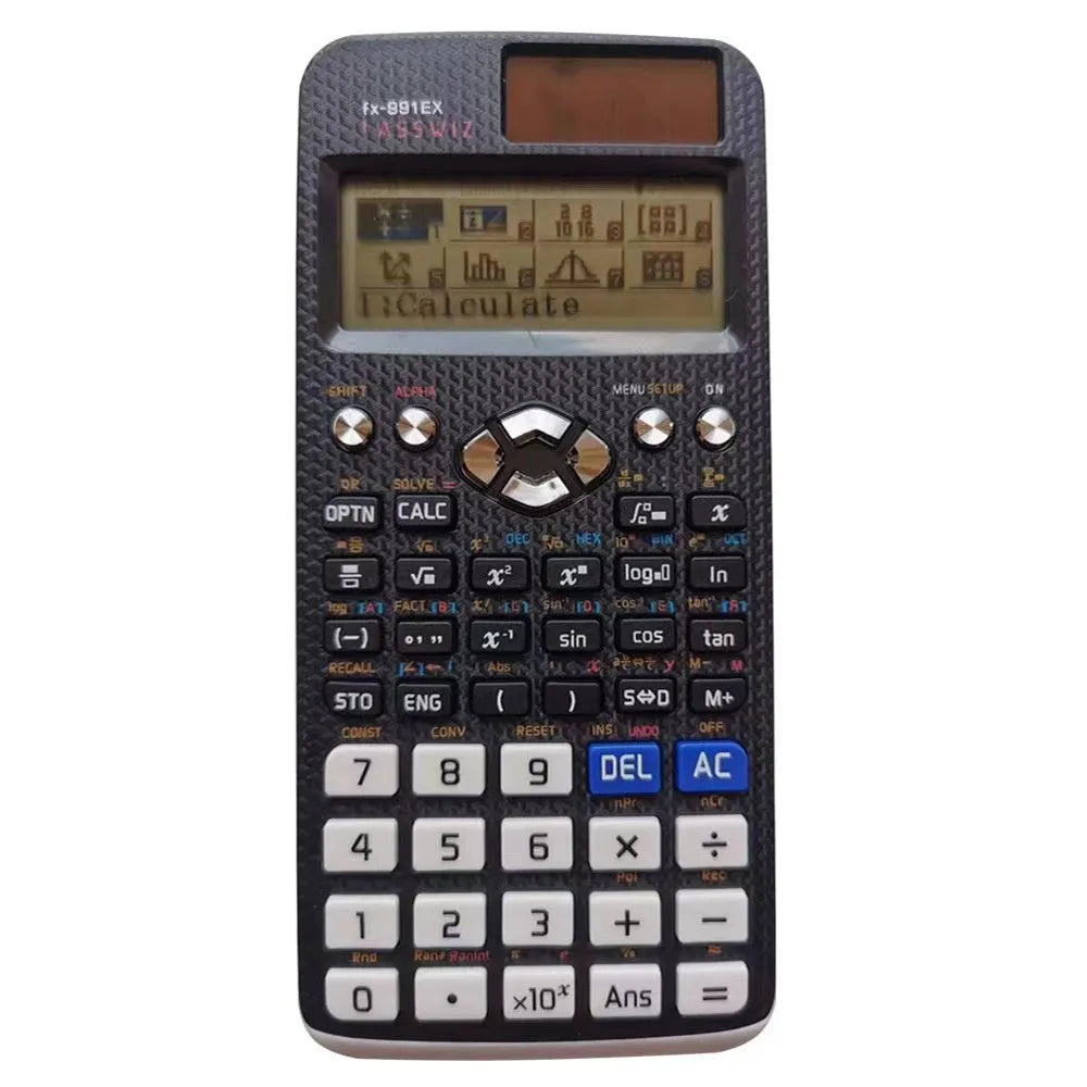 Casio fx-991EX scientific calculator in black, blue, or pink with solar panel and high-resolution LCD screen
