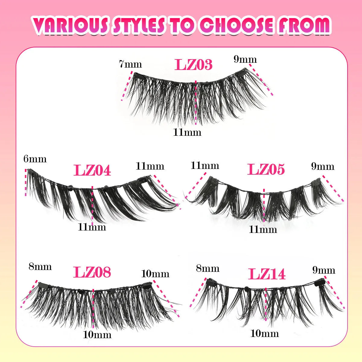 Set of reusable waterproof false eyelashes in five styles on a clear tray