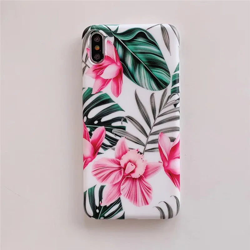 Pink floral TPU phone case back cover for iPhone, simple design, slim fit