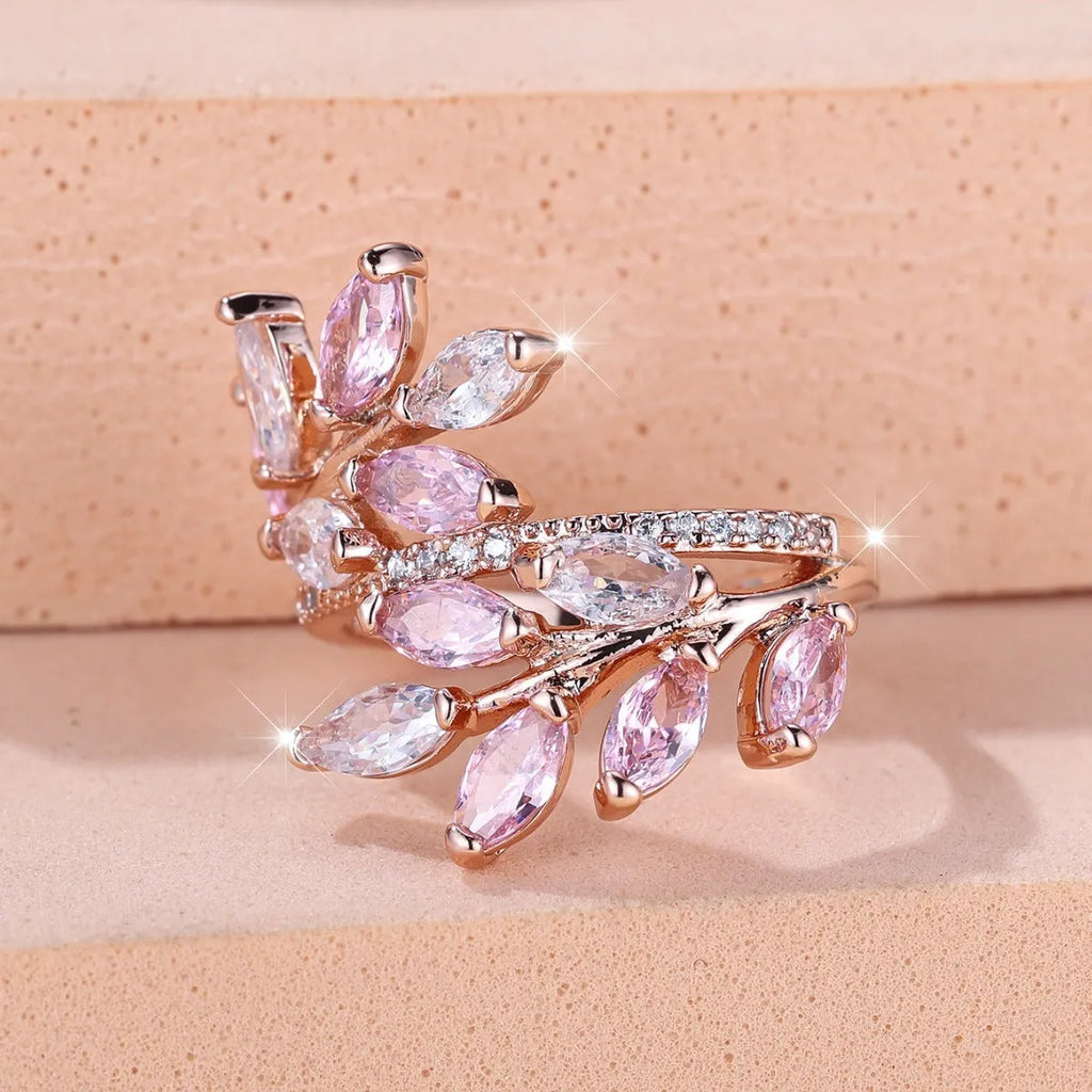 Adjustable horse eye zircon leaf fashion ring in copper with cubic zirconia stones