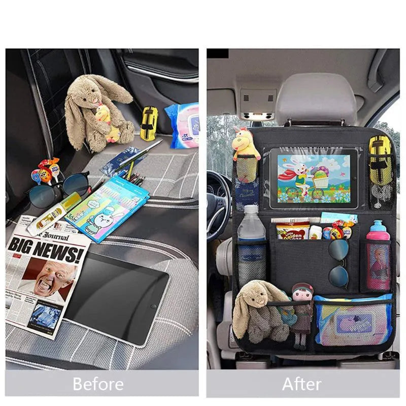 Black car storage bag made from Oxford fabric, measuring 61 cm by 41 cm, attached to a car seat back pocket