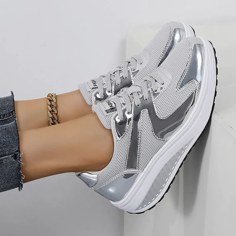 Women's gold thick bottom mesh elevator cross strap shoes with round toe and waterproof platform on light background