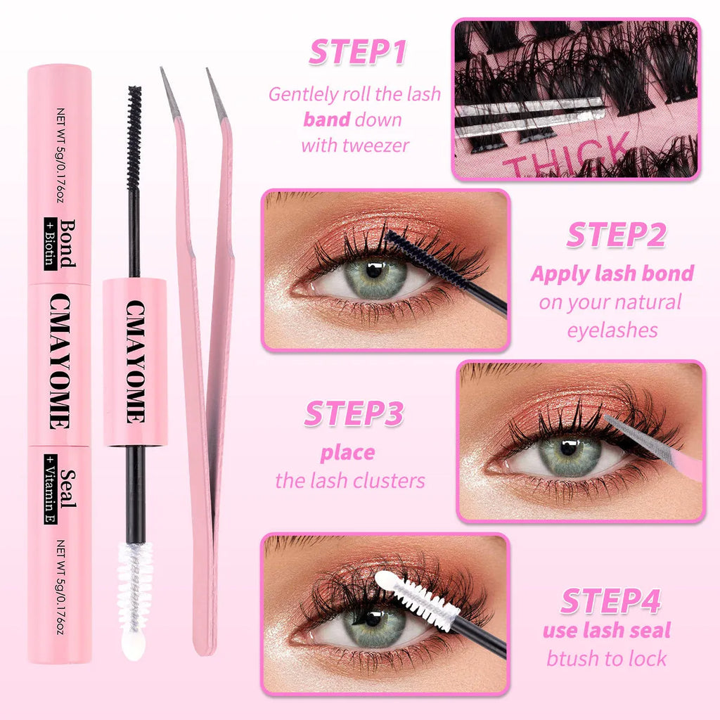 DIY false eyelash extension set showing single cluster lashes with application tweezers