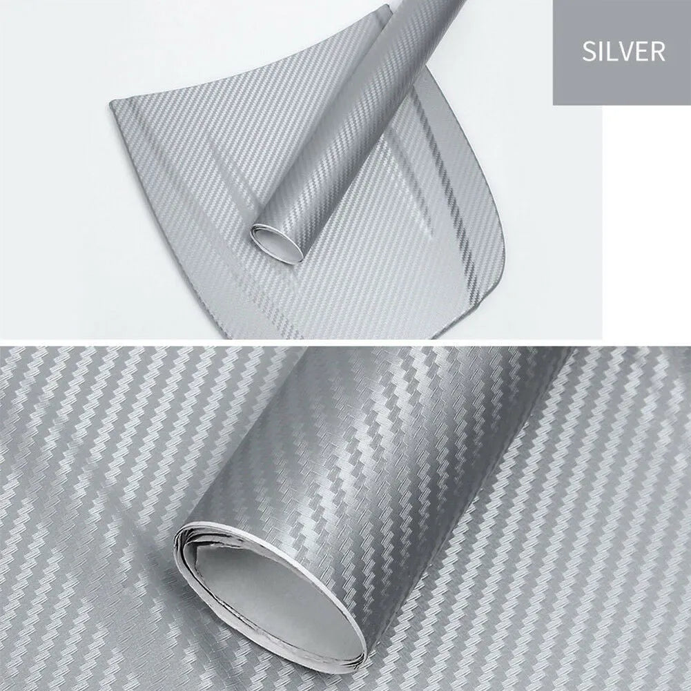 Roll of 3D carbon fiber car decoration sticker showing textured surface in multiple colour options