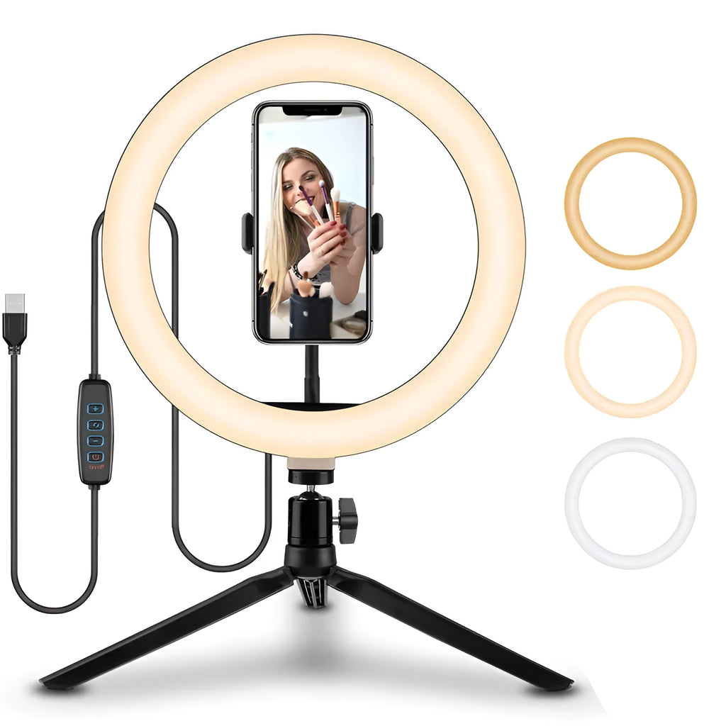 10-inch circular ring light on adjustable metal bracket for smartphone photography