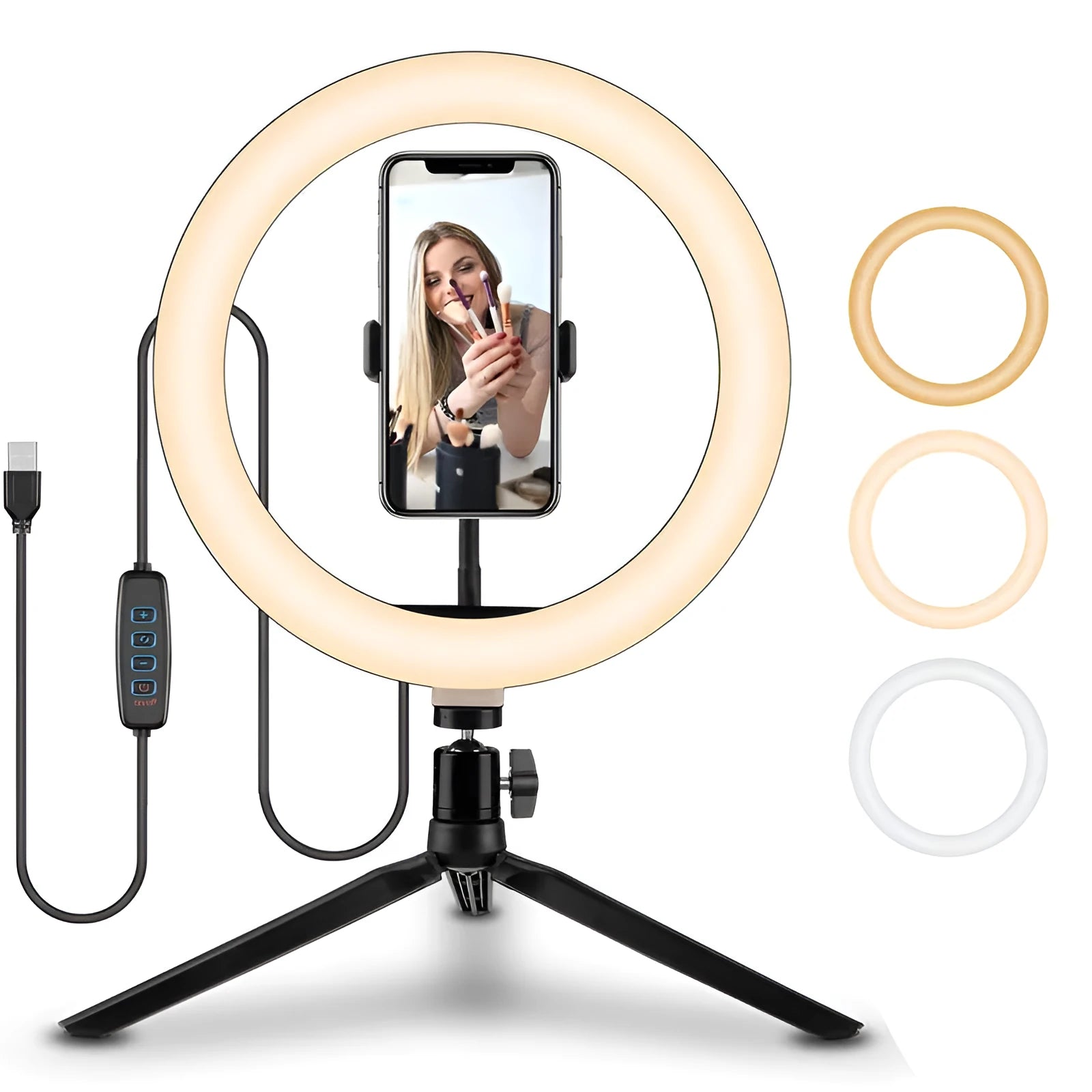 10-inch circular ring light on adjustable metal bracket for smartphone photography