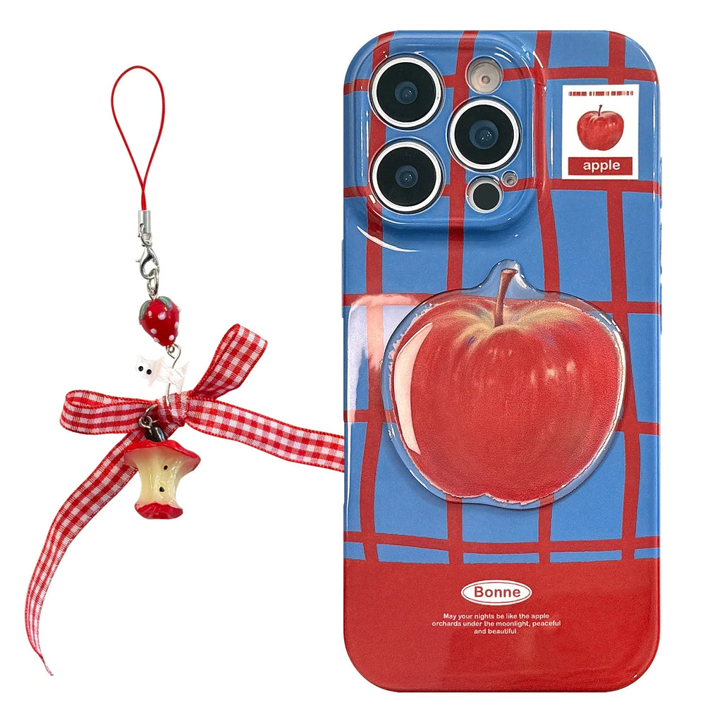 Full-coverage 3D checkered phone case with fruit pattern in Film Blue Red Grid colour, soft shell variant with little cat pendant.