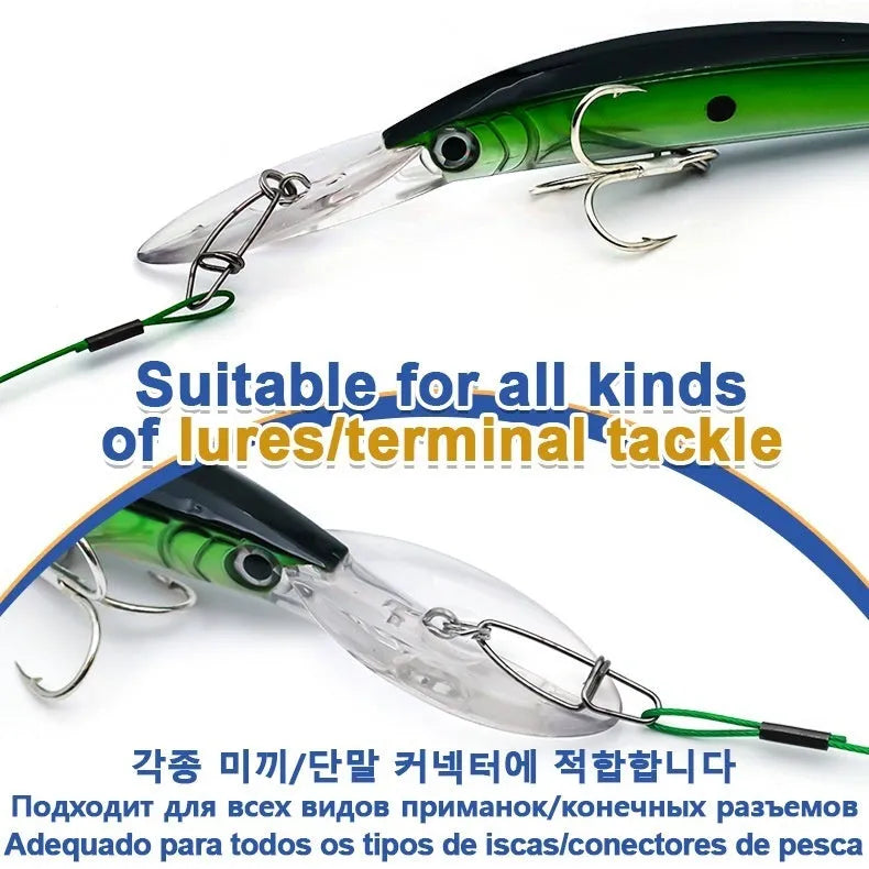 Ten coiled green steel wire fishing traces with double buckle pins, each measuring 54cm long.