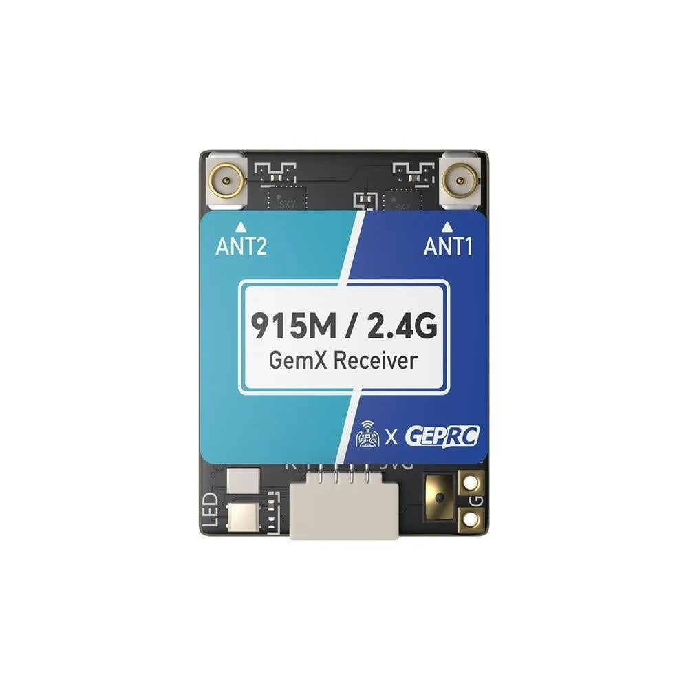 ELRS 915MHz and 2.4GHz dual-band FPV drone receiver with two T-shaped antennas and installation accessories.