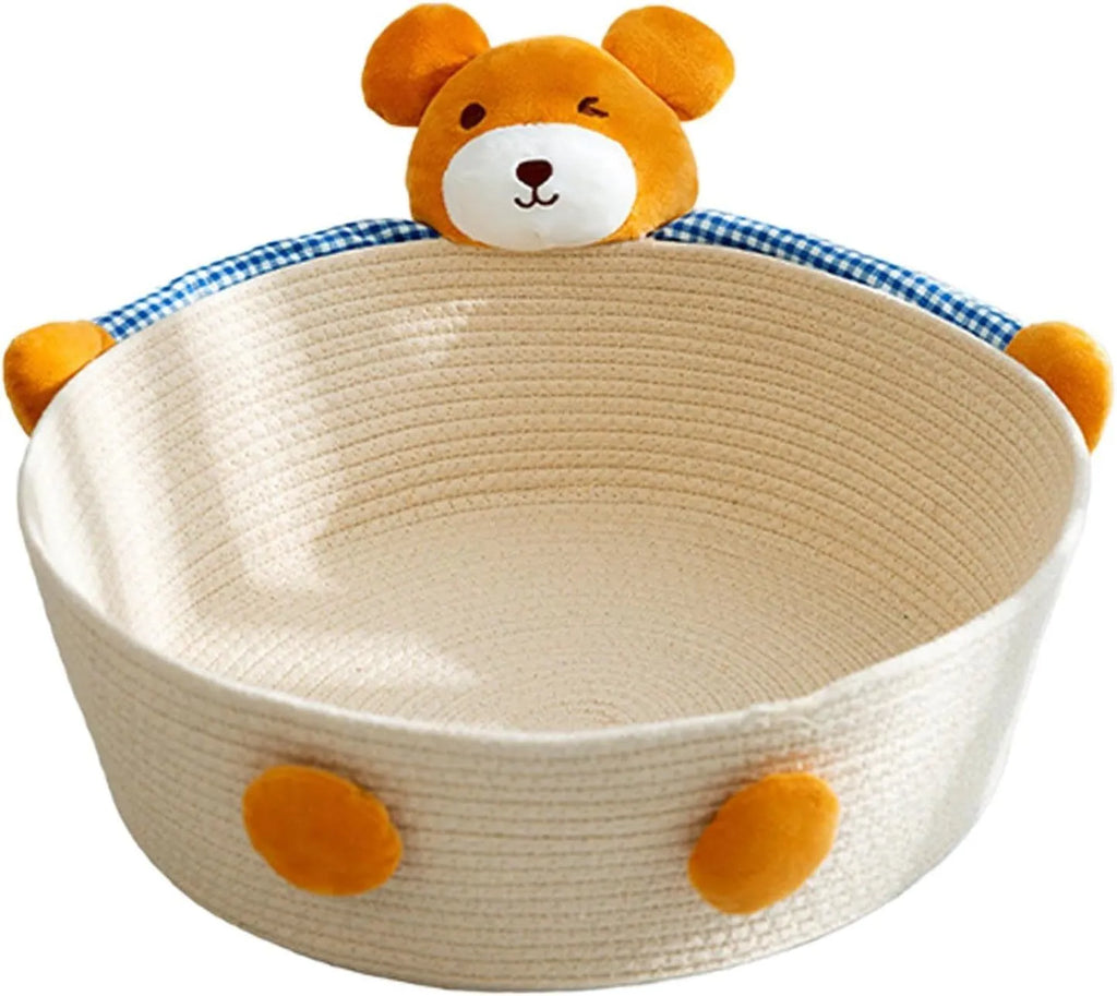 Woven cotton rope cat bed basket with integrated scratching surface in rabbit design