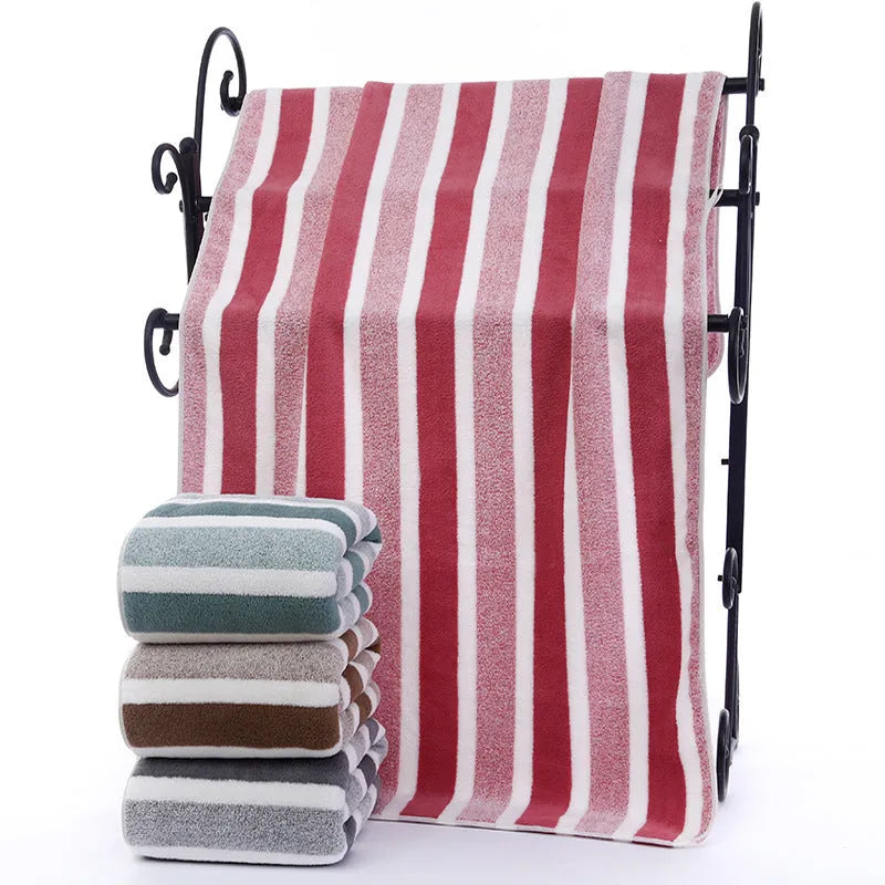 Soft coral fleece wide stripe towel in grey colour, 70x140cm bath size