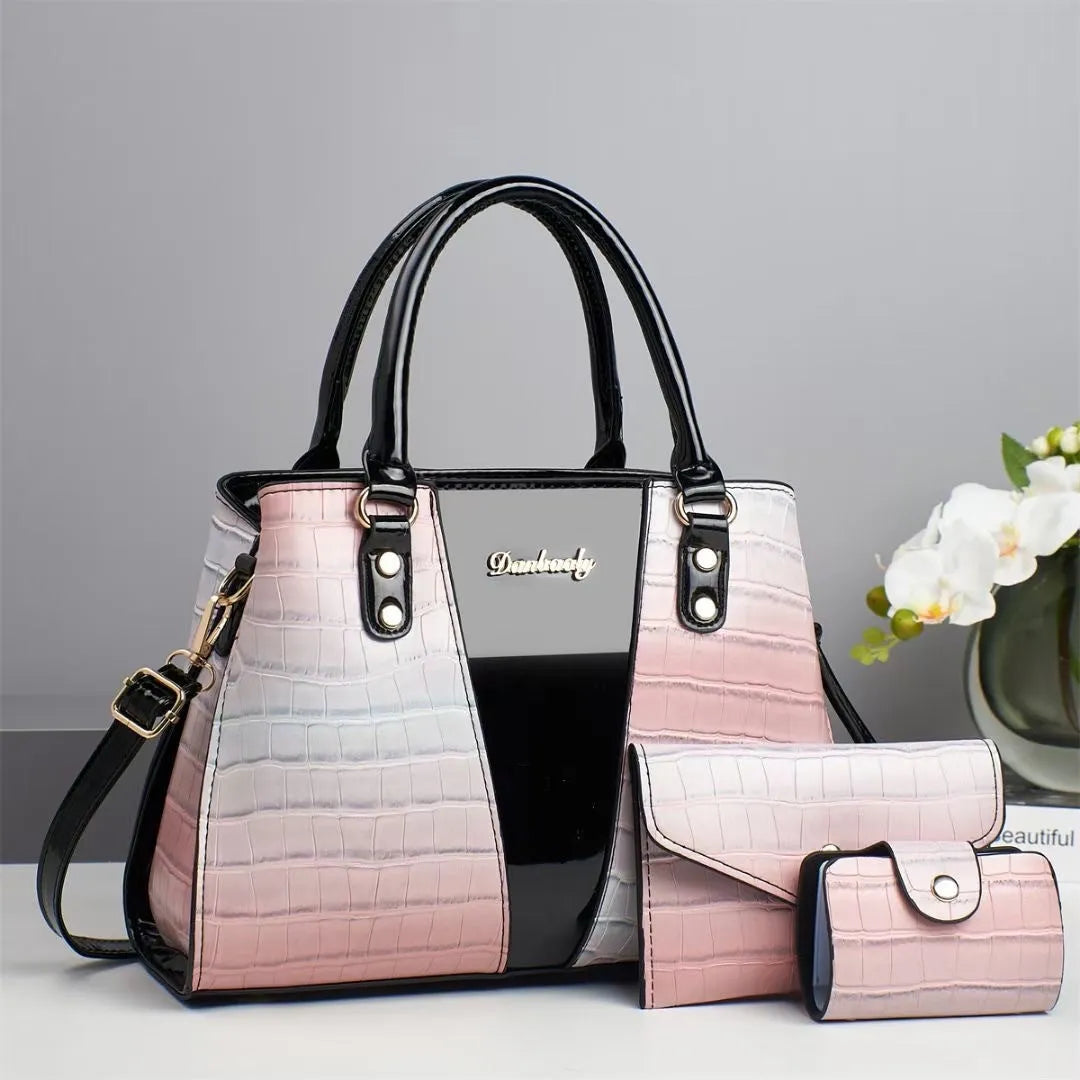 Women's three-piece crocodile-embossed PU leather shoulder bag set in beige with main bag, small pouch, and card holder