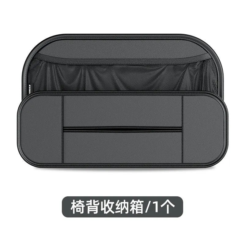 Black genuine leather car seat back storage bag with multiple compartments