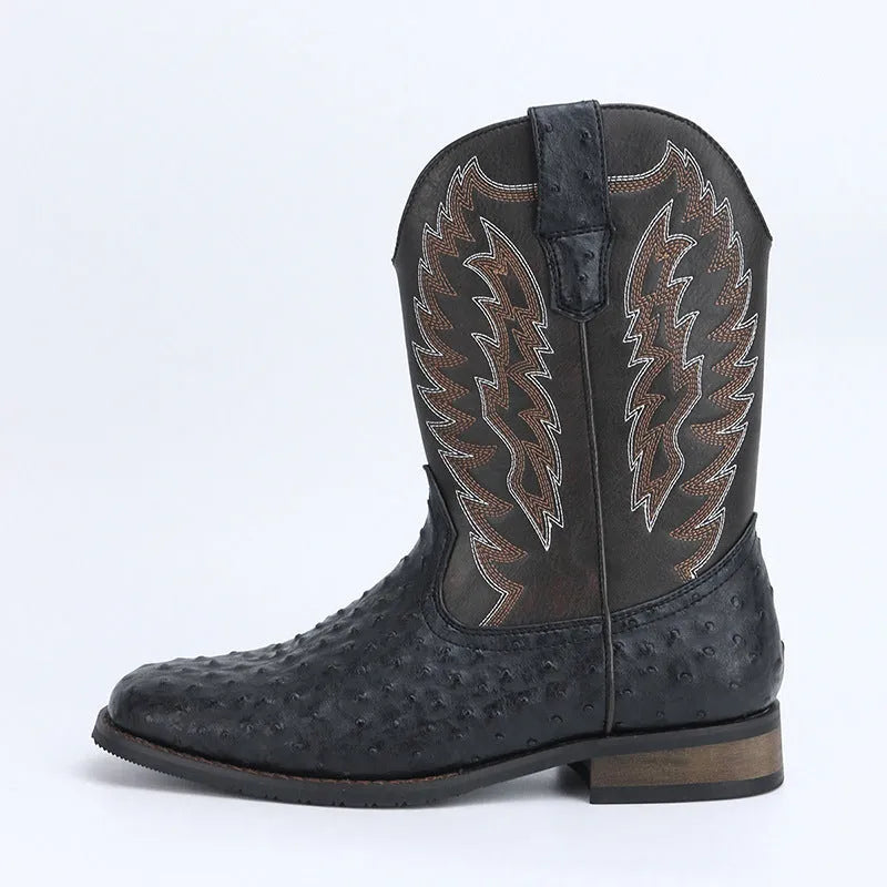 Men's Western denim square toe motorcycle boots with low wedge heel, artificial leather upper, and embroidery detail