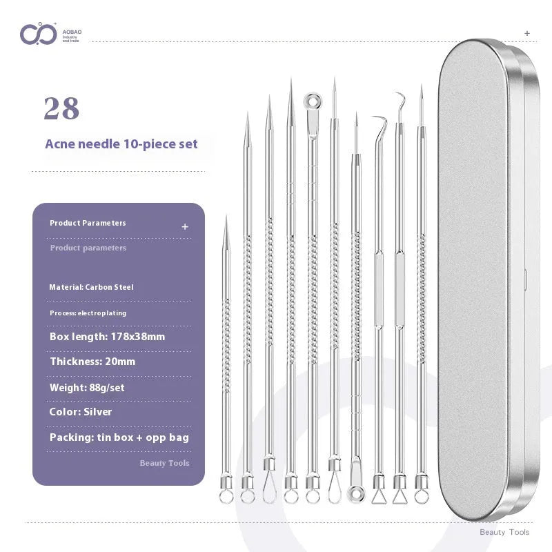 Four-piece stainless steel acne needle set with ultra-fine pointed tips and extraction clip on silver background