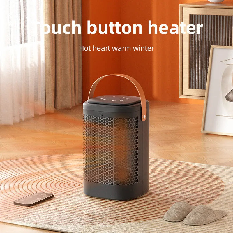 Tall black digital electric radiator heater with touch screen display and remote control on a wooden floor.