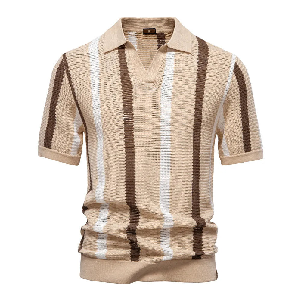 Breathable hollow mosaic pattern men's short-sleeved polo shirt in khaki, front view, on plain background