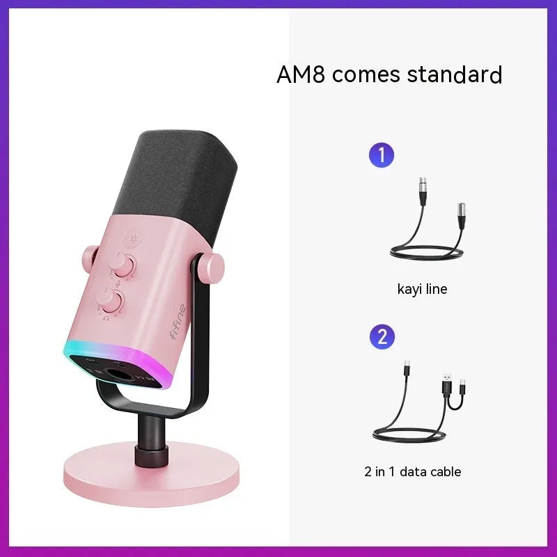Dynamic noise reduction microphone in black with XLR cable and desktop base.