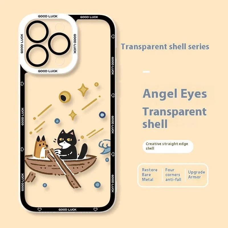 Drop-resistant silicone cat phone case with UV printed cartoon design for Apple iPhone transparent back