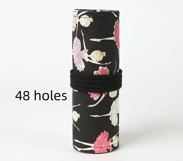 Ballet girl print canvas pencil case curtain rolled up showing multiple pencil holes for organised storage
