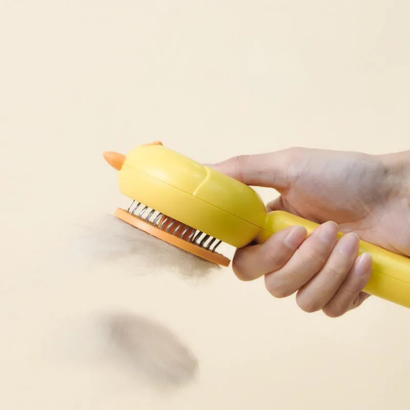Purple, white, or yellow self-cleaning pet grooming brush with bent stainless steel bristles.