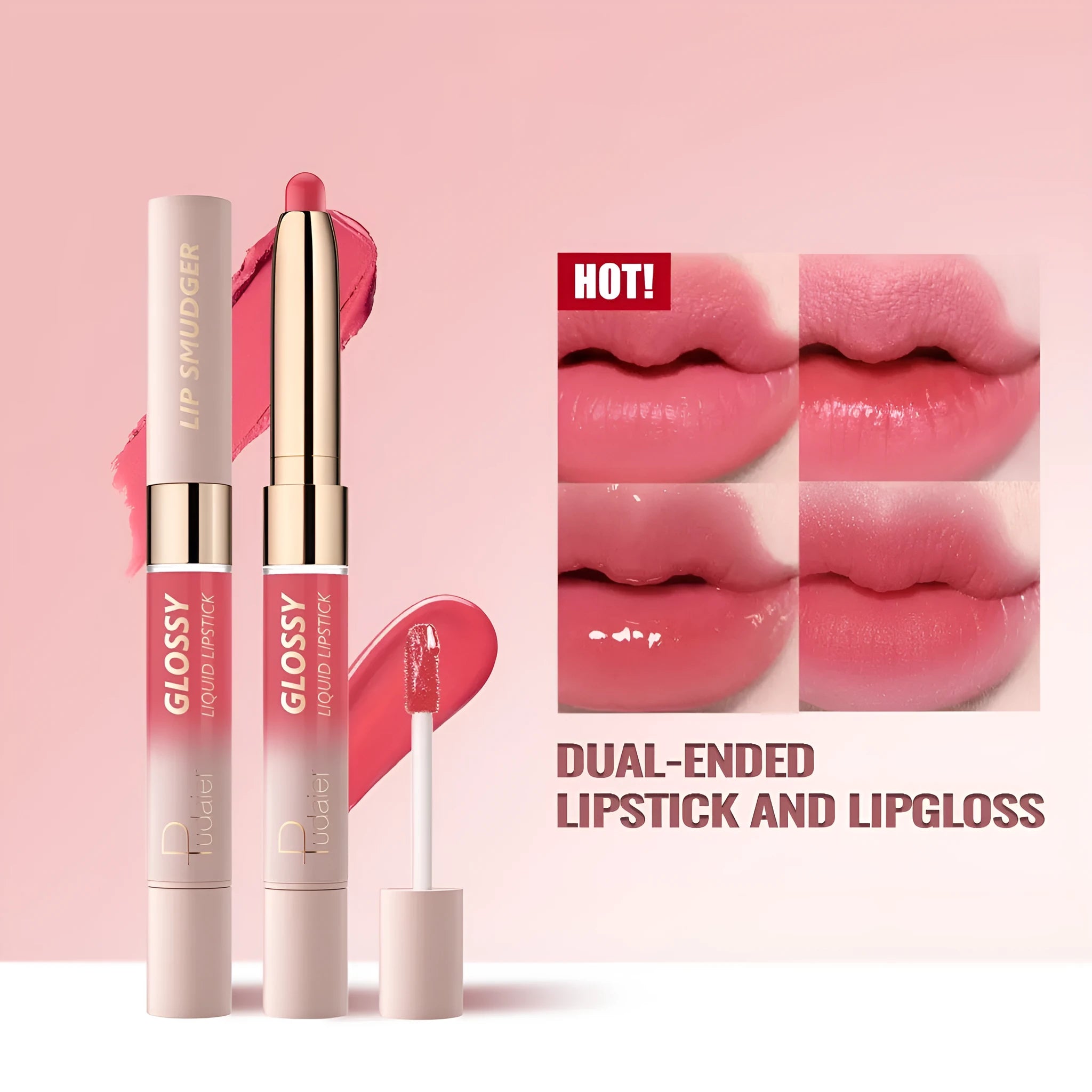 Double-headed lipstick showing matte colour and gloss ends with 10 colour options