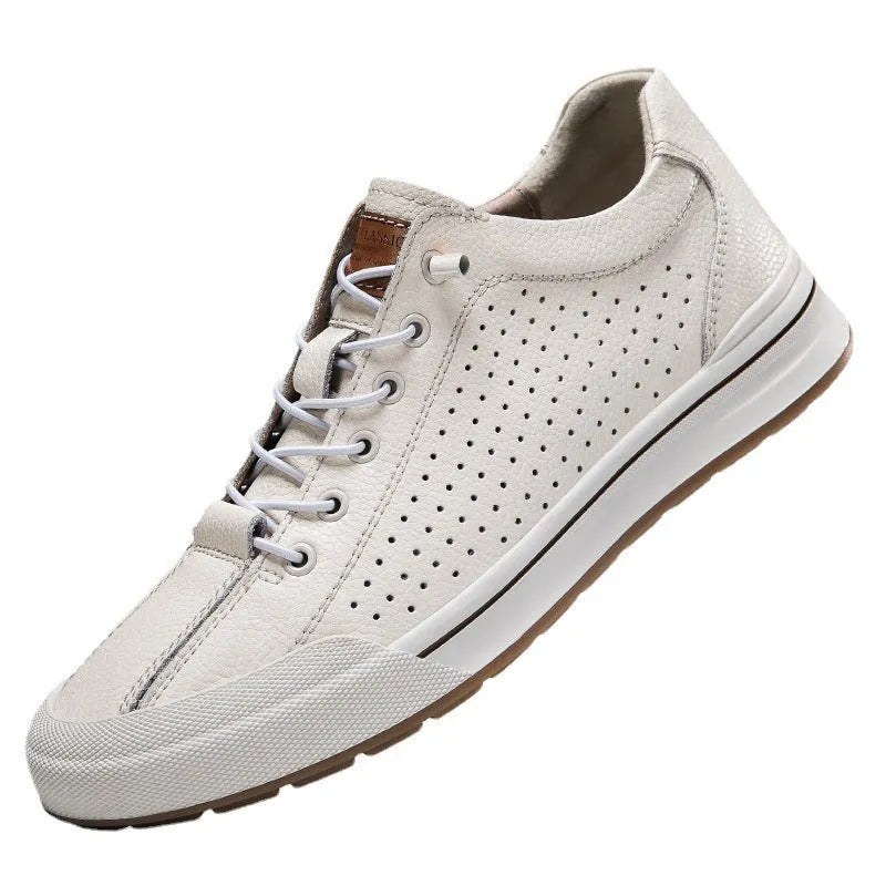 Men's white leather casual trainers with round toe and flat heel on size chart