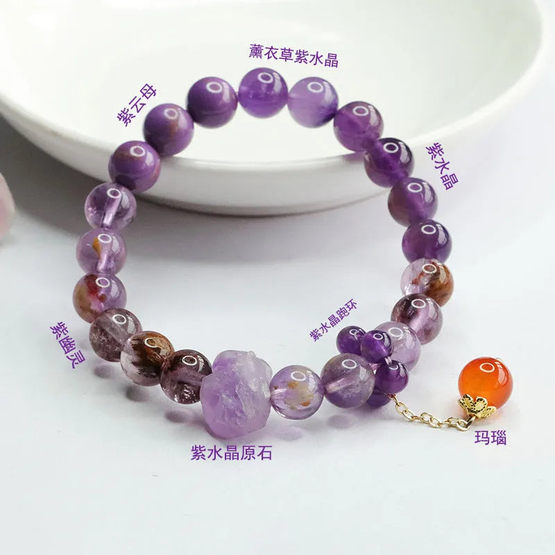 Natural purple amethyst crystal bracelet with red agate accents, 8mm beads, Mori style adjustable design