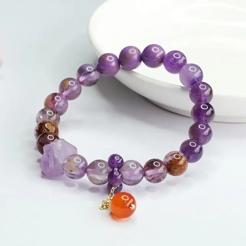 Natural purple amethyst crystal bracelet with red agate accents, 8mm beads, Mori style adjustable design