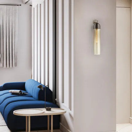 Modern minimalist glass wall lamp 10x40cm with five colour options including blue amber and milky white
