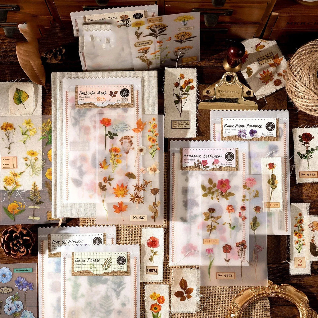Huazhisen forest art sticker pack showing six colour designs on transfer paper and cotton linen sheets