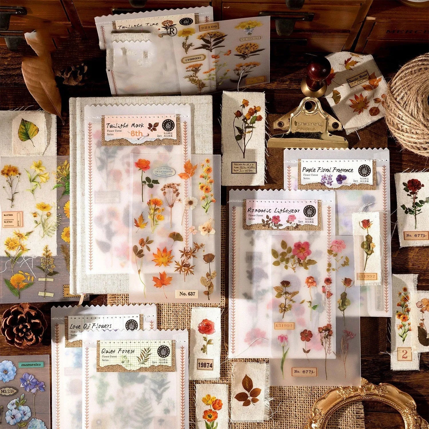 Huazhisen forest art sticker pack showing six colour designs on transfer paper and cotton linen sheets