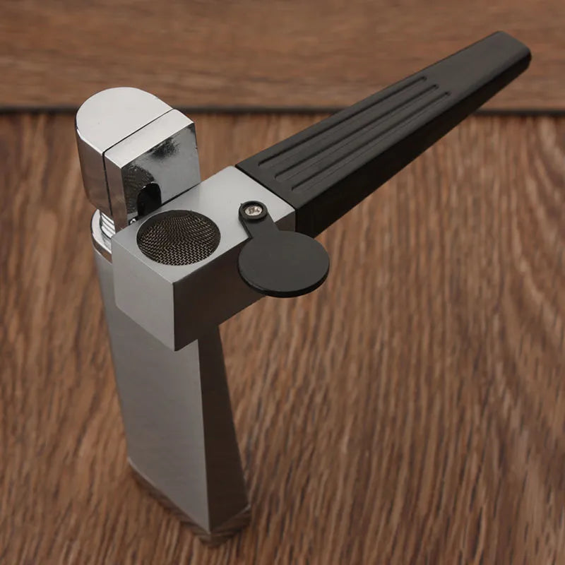 Foldable pipe lighter in No.1 silver square cover with metal flap closed, 9.2cm length, zinc alloy body