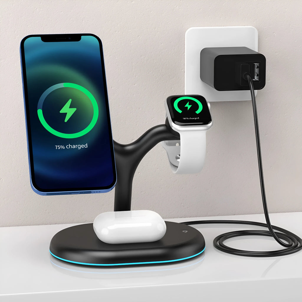 Black magnetic wireless charger with three-in-one function on a simple background.