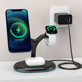 Black magnetic wireless charger with three-in-one function on a simple background.