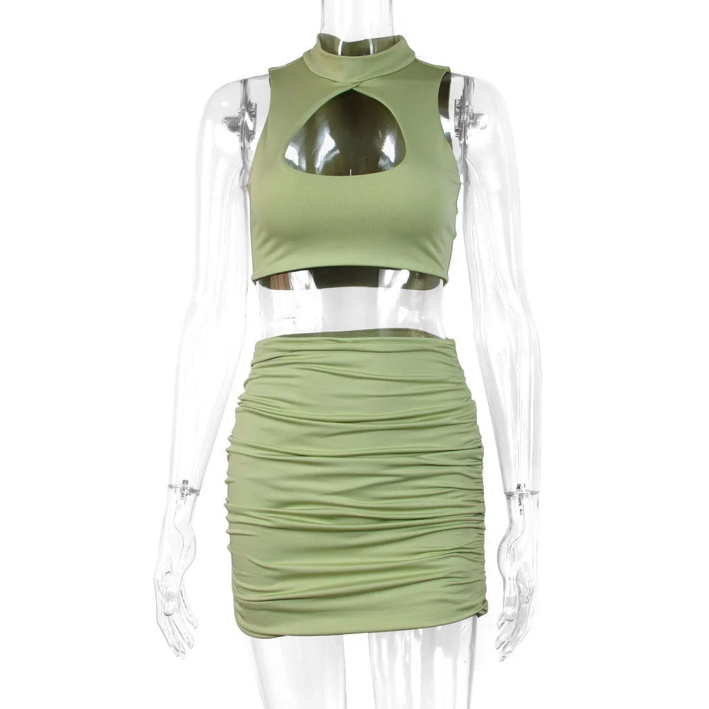 Women's light purple hollow vest and split skirt two-piece outfit with elastic polyester fabric