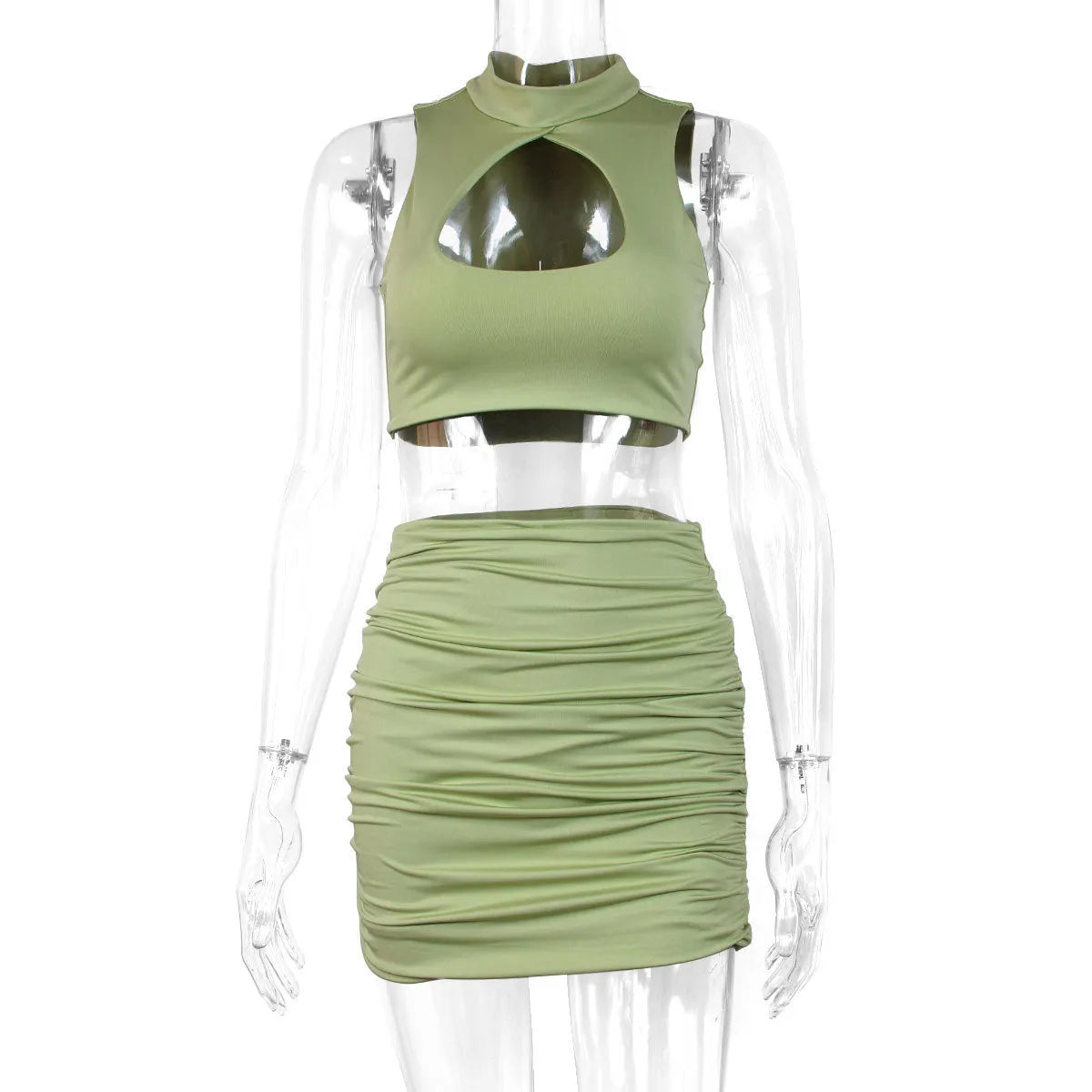 Women's light purple hollow vest and split skirt two-piece outfit with elastic polyester fabric