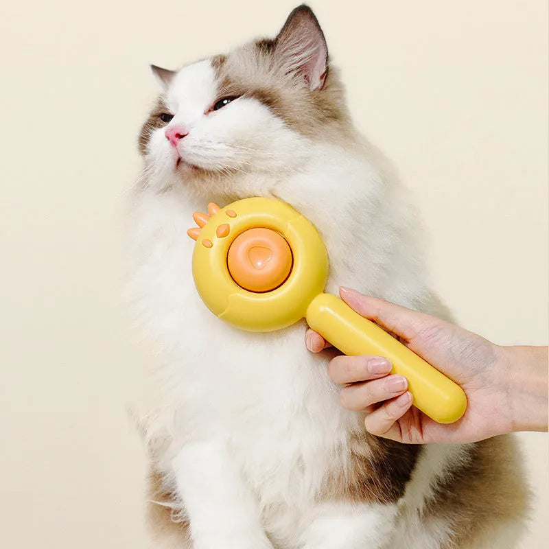 Purple, white, or yellow self-cleaning pet grooming brush with bent stainless steel bristles.