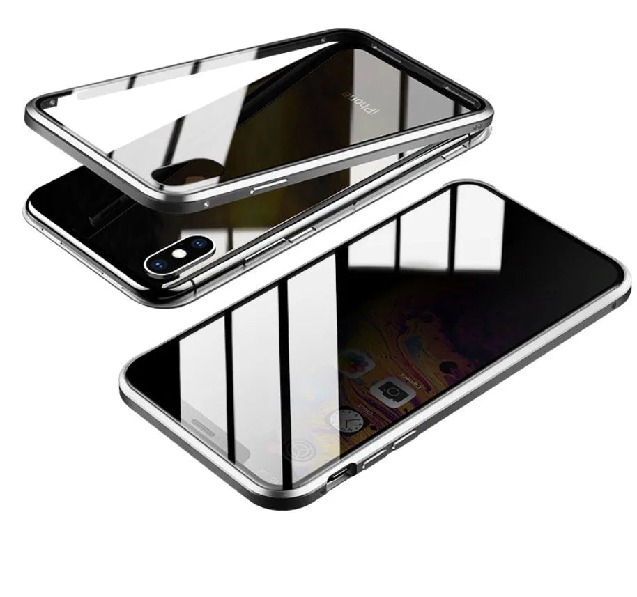 Glass anti-spy mobile phone case for iPhone with clamshell design and geometric pattern in multiple colours.