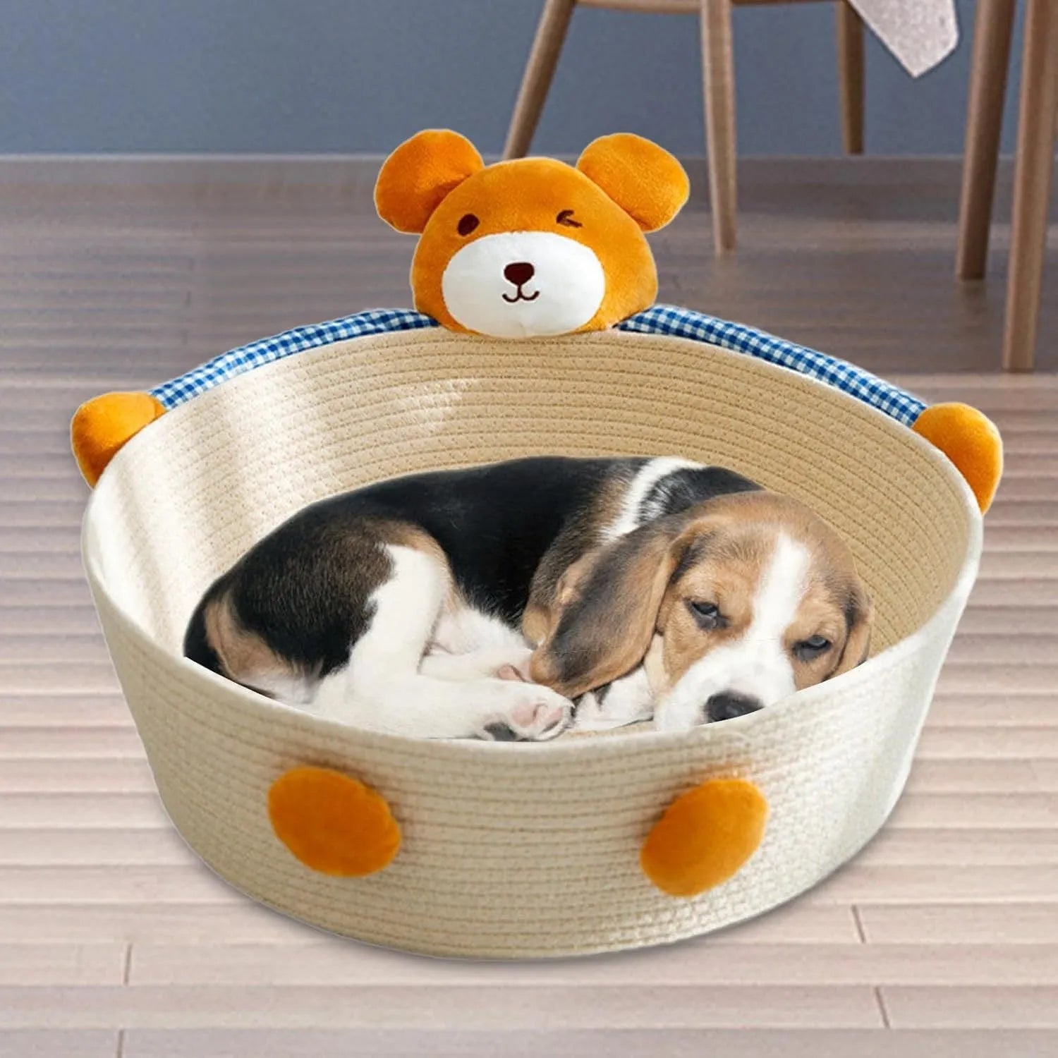 Woven cotton rope cat bed basket with integrated scratching surface in rabbit design
