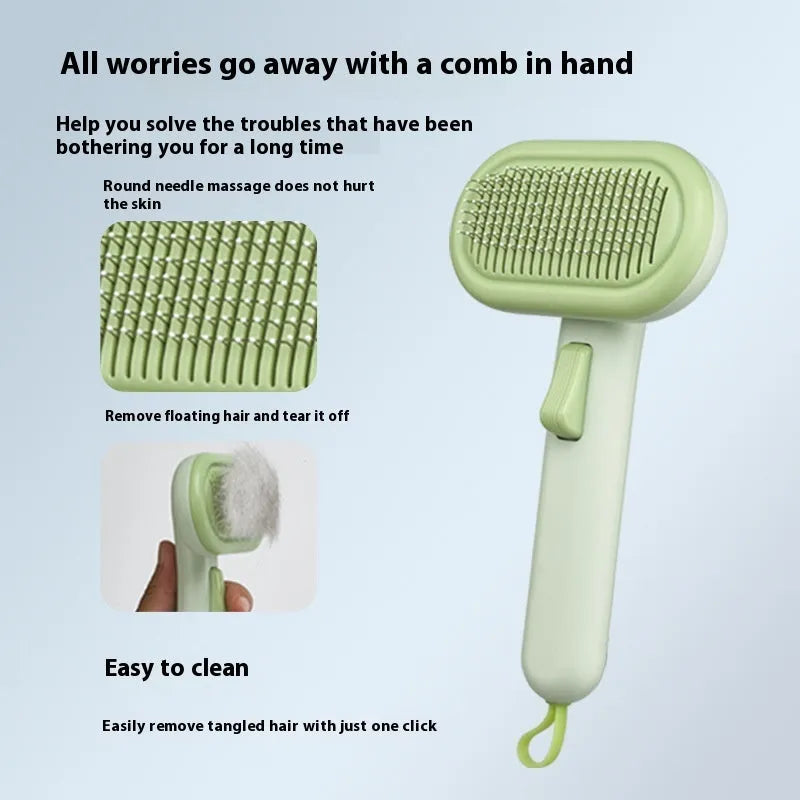 Large pet grooming comb with one-click knot untying function in light grey, green, and pink colours