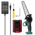 Black one-hand mini electric chainsaw with 4-inch guide bar on a workbench.