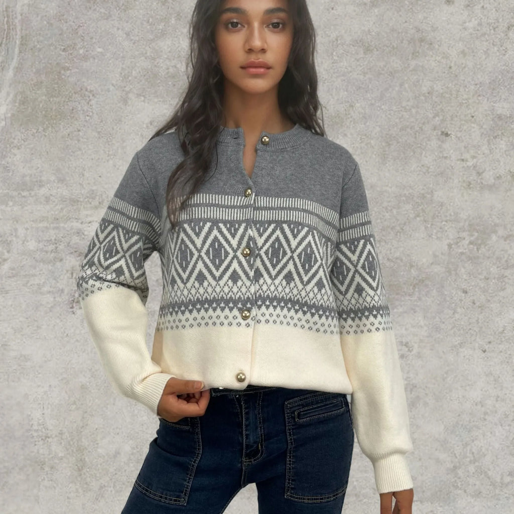 Women's long-sleeved contrast color diamond knitted alpaca wool cardigan free size