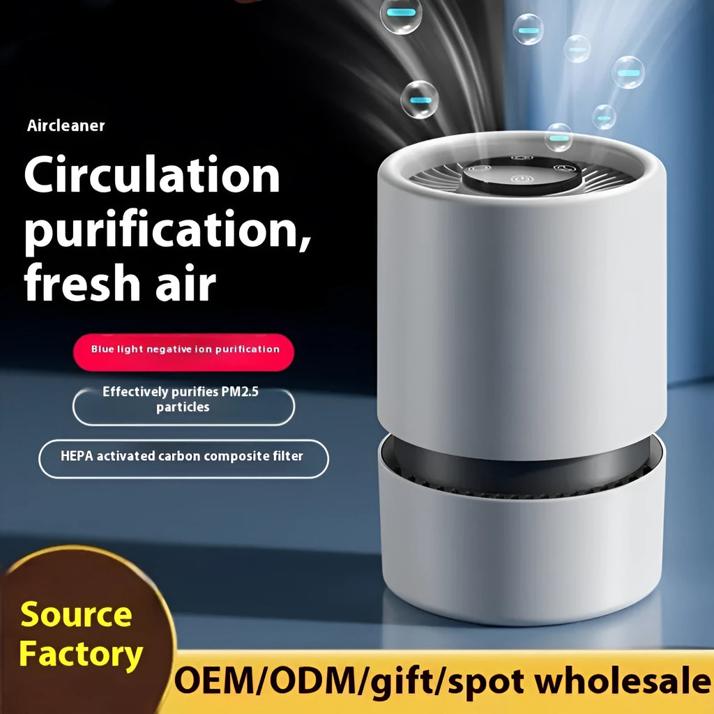 White desktop air purifier with USB cable for small room odour and smoke removal
