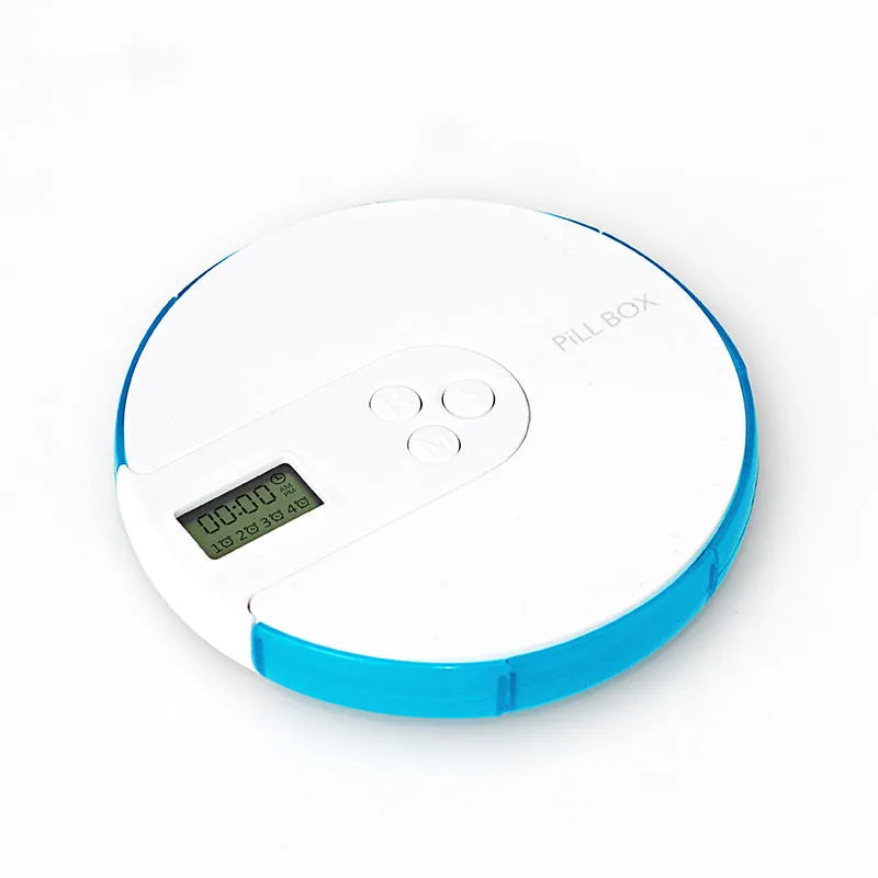 7-compartment alarm clock pill dispenser with programmable timer showing eight colour options