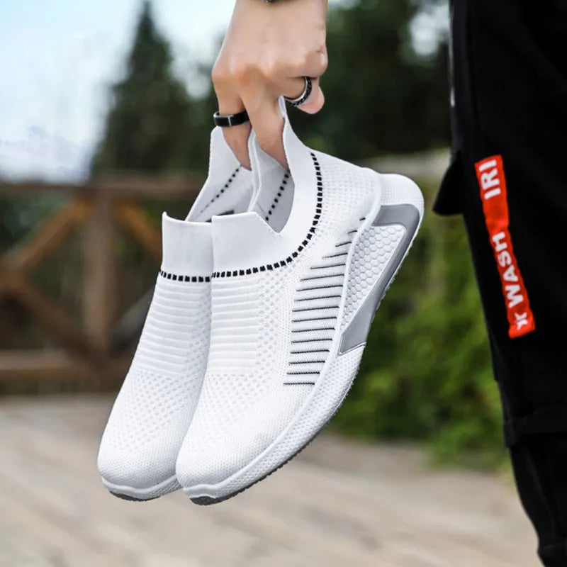 Men's striped mesh sock shoes with flyknit upper and lace-up front in three colour options