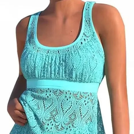 Women's conservative hollow split design two-piece swimsuit set in solid colour