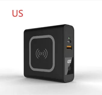 Black and white 10000mAh power bank with wireless charging surface and foldable plug